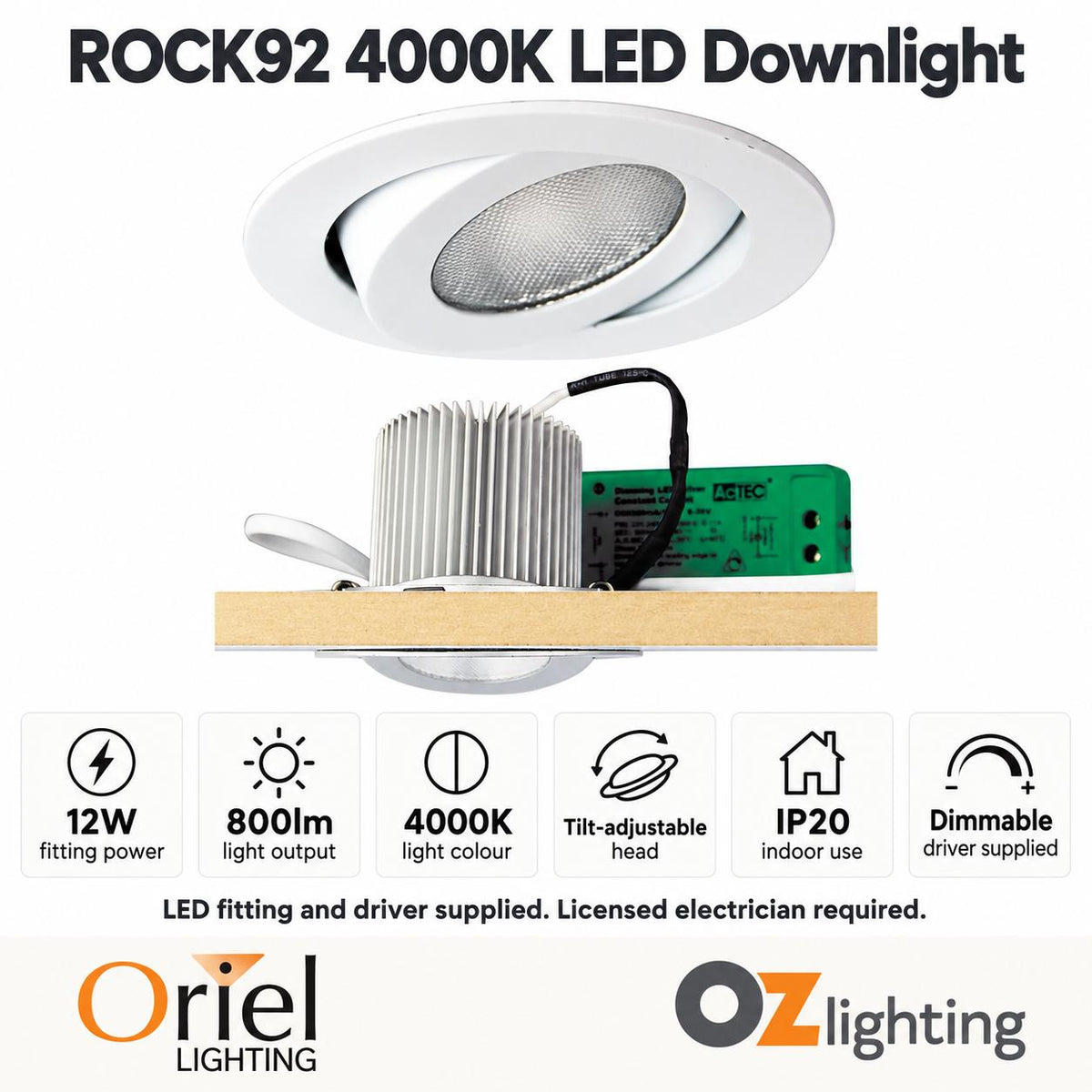 Oriel ROCK 92 Recessed LED Downlight - 10W/12W, Tilt-Adjustable Indoor-Oriel Lighting-Ozlighting.com.au