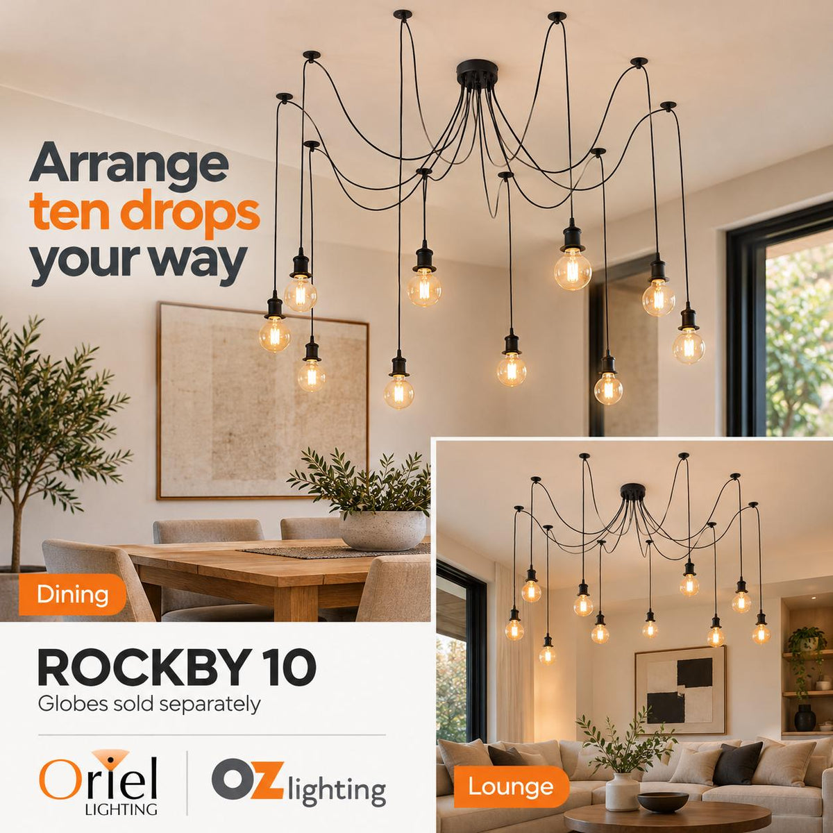 Oriel ROCKBY Pendant - 10 Light Dropper, Black-Oriel Lighting-Ozlighting.com.au