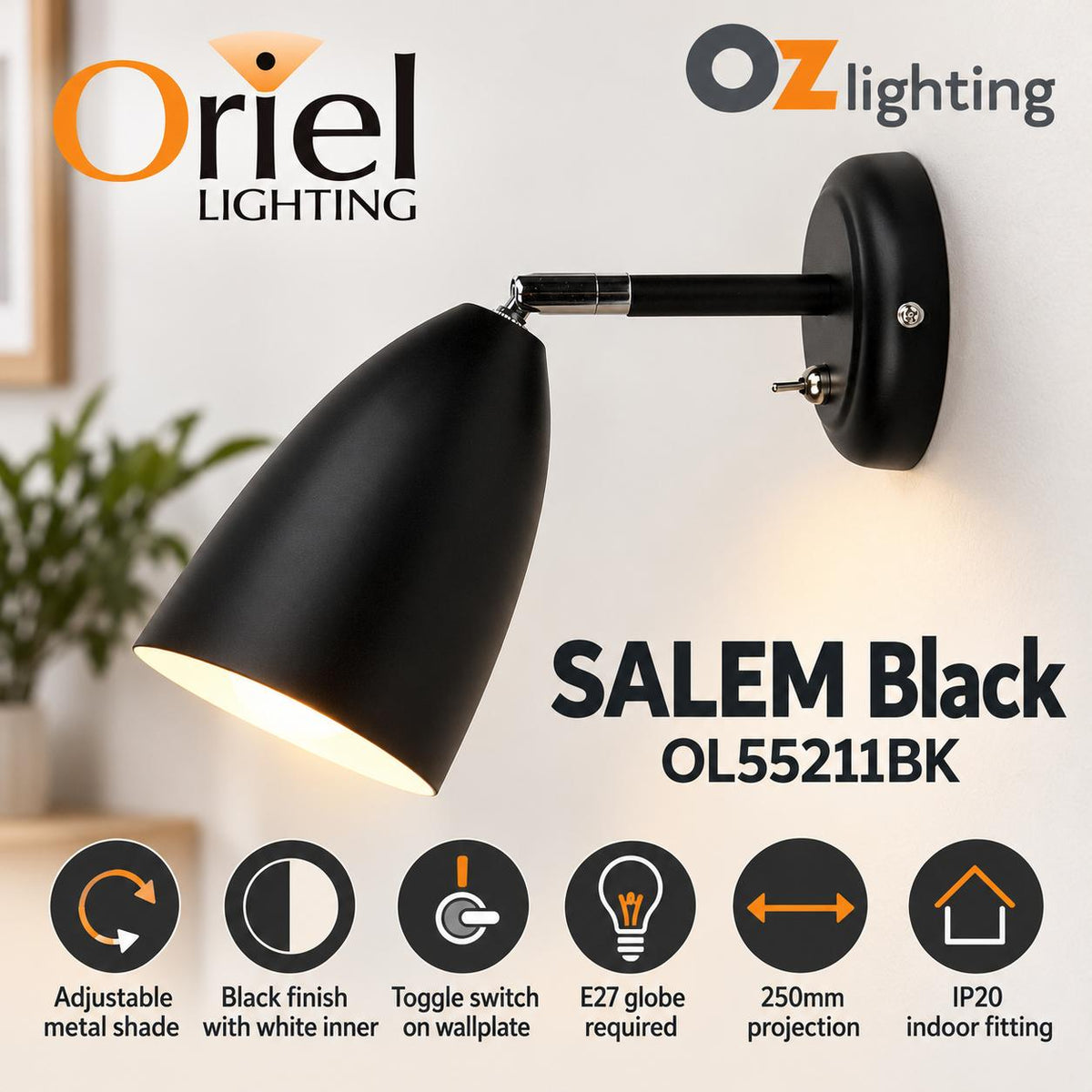 Oriel SALEM Wall Light - 1 Light Adjustable Interior, with Switch-Oriel Lighting-Ozlighting.com.au