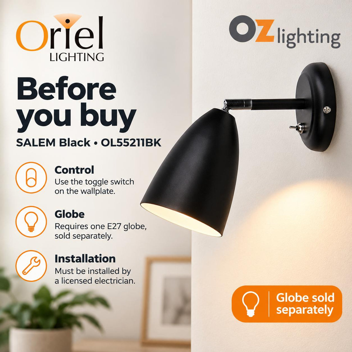 Oriel SALEM Wall Light - 1 Light Adjustable Interior, with Switch-Oriel Lighting-Ozlighting.com.au
