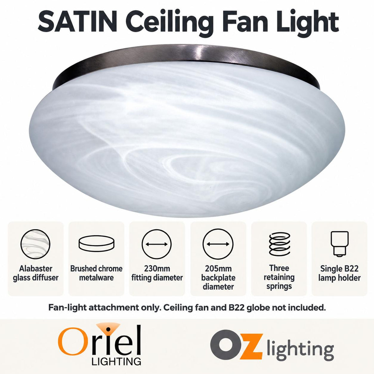 Oriel SATIN Ceiling Fan Light - Chrome & Alabaster — Verified product details — Ozlighting