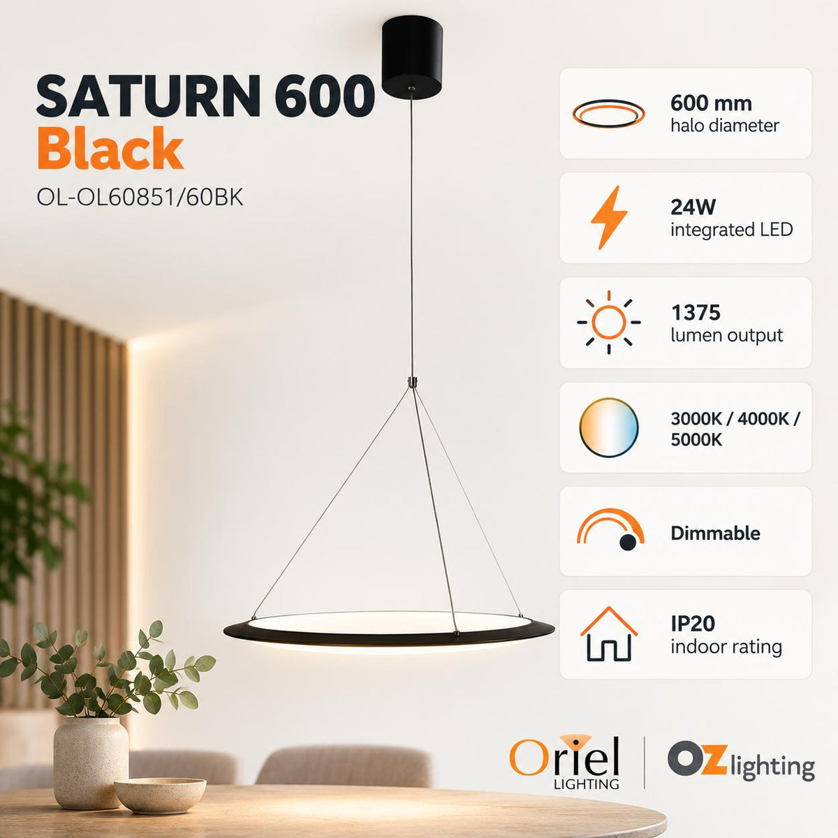 Oriel SATURN LED Pendant - 24W, Tri-Colour Dimmable-Oriel Lighting-Ozlighting.com.au