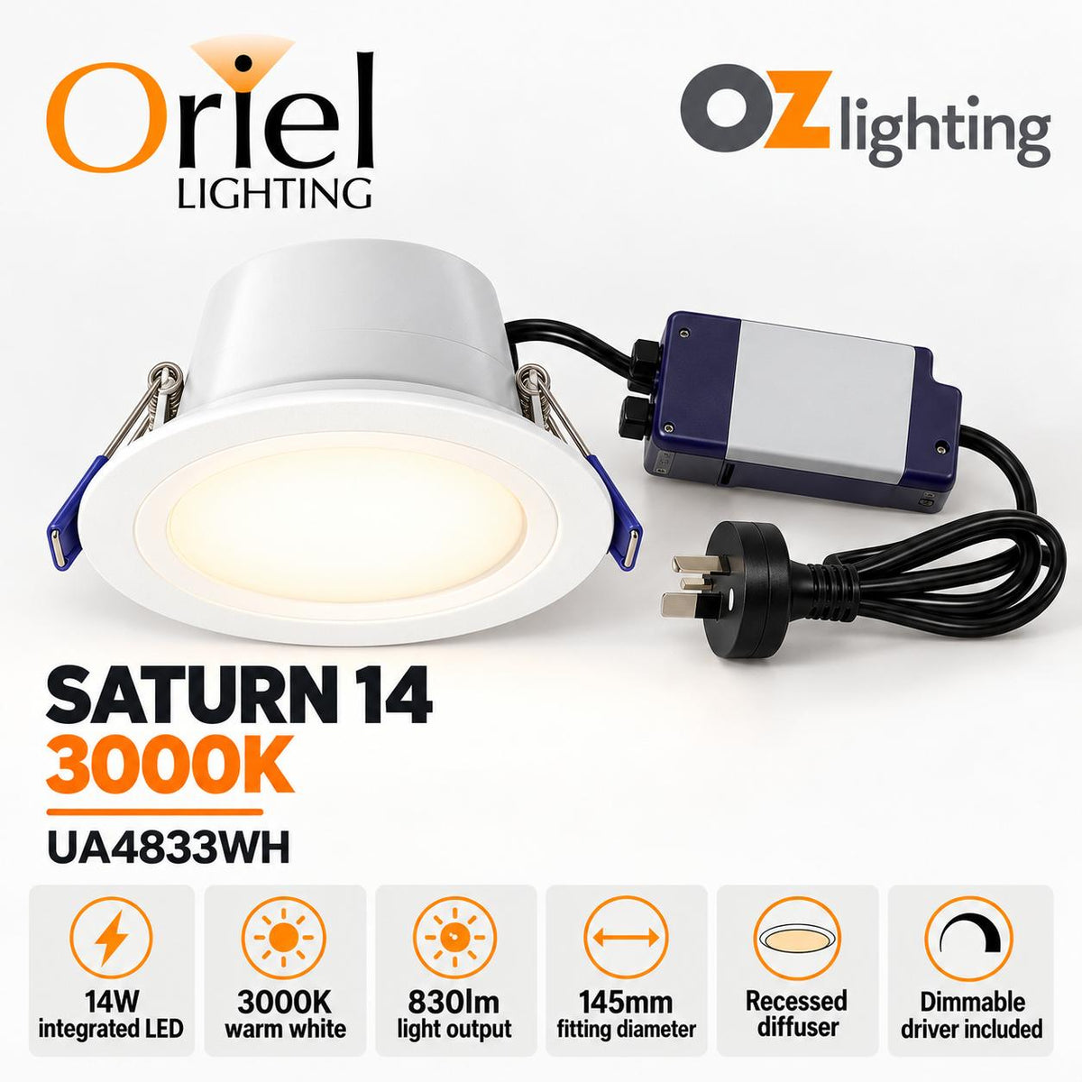 Oriel SATURN Recessed LED Downlight - 14W, 3000K-Oriel Lighting-Ozlighting.com.au