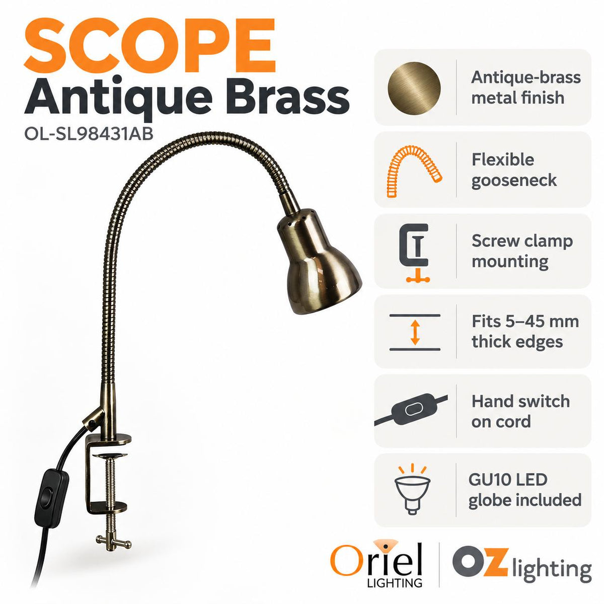 Oriel SCOPE Lamp - Adjustable Gooseneck Desk Clamp-Oriel Lighting-Ozlighting.com.au