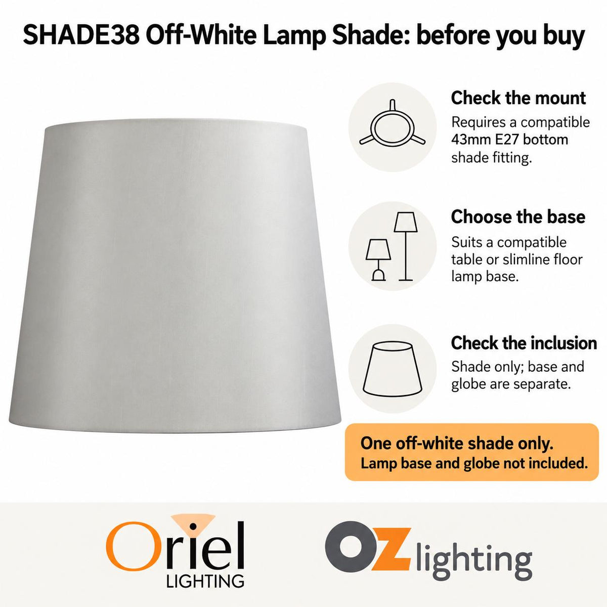Oriel SHADE-38 Lamp Shade Only - Medium Table, White, TABLE LAMP BASE REQUIRED-Oriel Lighting-Ozlighting.com.au