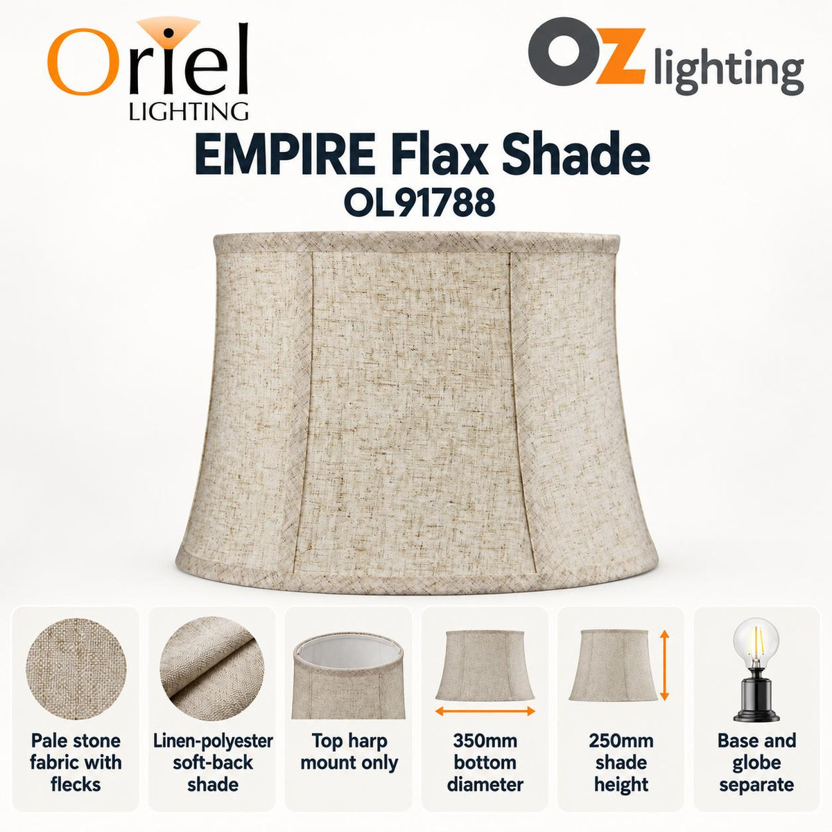 Oriel SHADE Lamp Shade Only - Harp Mount Empire Table, TABLE LAMP BASE REQUIRED-Oriel Lighting-Ozlighting.com.au