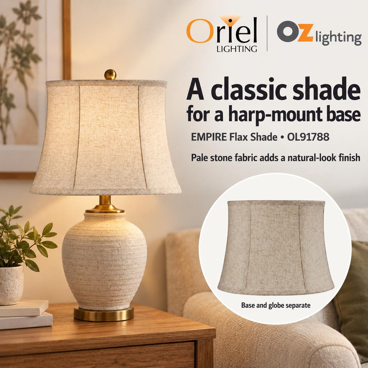 Oriel SHADE Lamp Shade Only - Harp Mount Empire Table, TABLE LAMP BASE REQUIRED-Oriel Lighting-Ozlighting.com.au