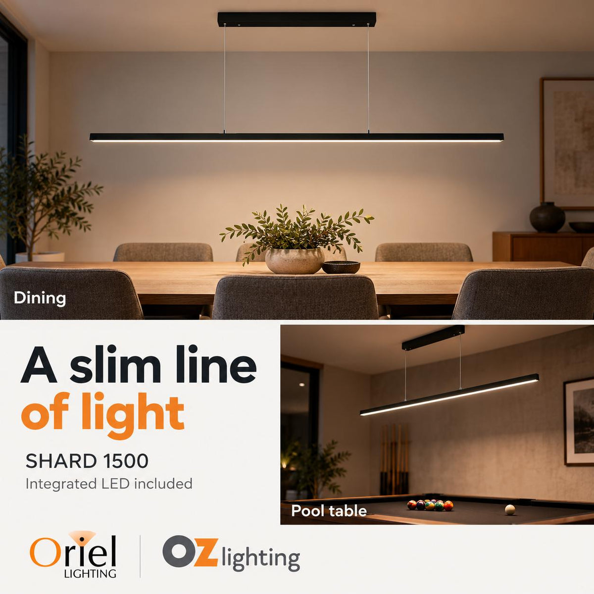 Oriel SHARD LED Pendant - Slimline 1500mm Tri-Colour Linear-Oriel Lighting-Ozlighting.com.au