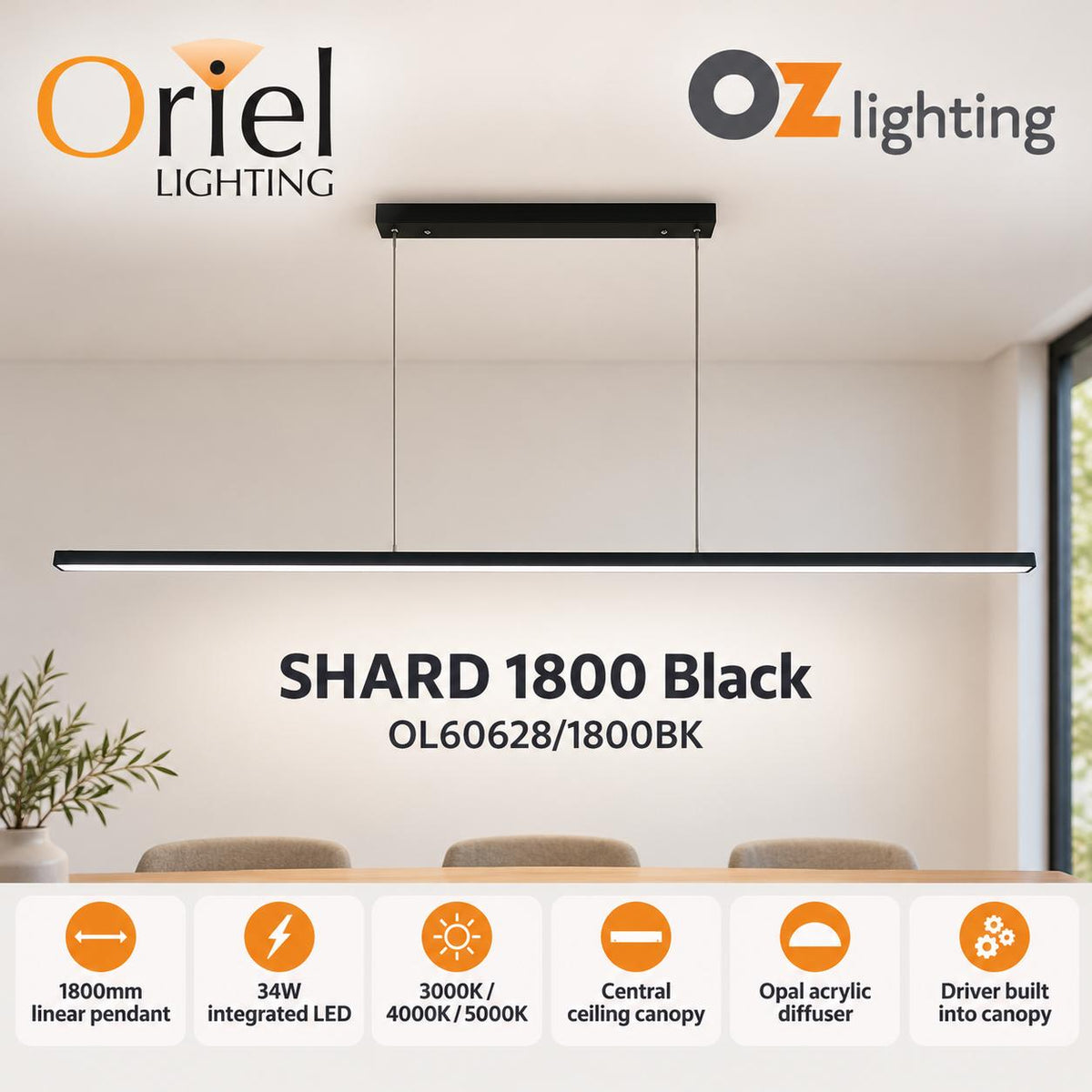 Oriel SHARD LED Pendant - Slimline 1800mm Tri-Colour Linear-Oriel Lighting-Ozlighting.com.au