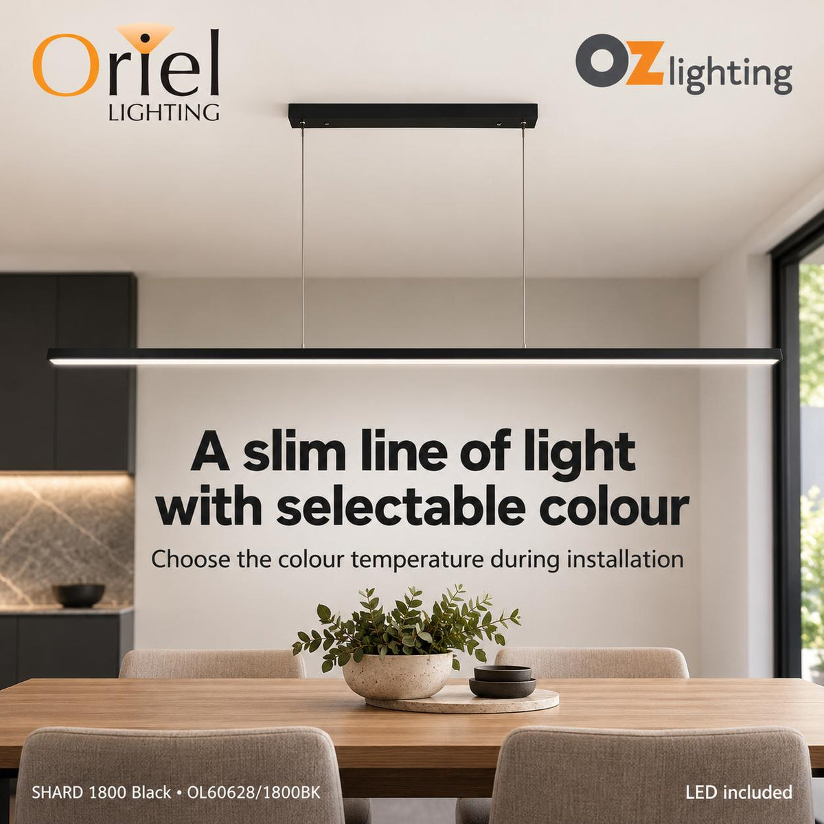 Oriel SHARD LED Pendant - Slimline 1800mm Tri-Colour Linear-Oriel Lighting-Ozlighting.com.au