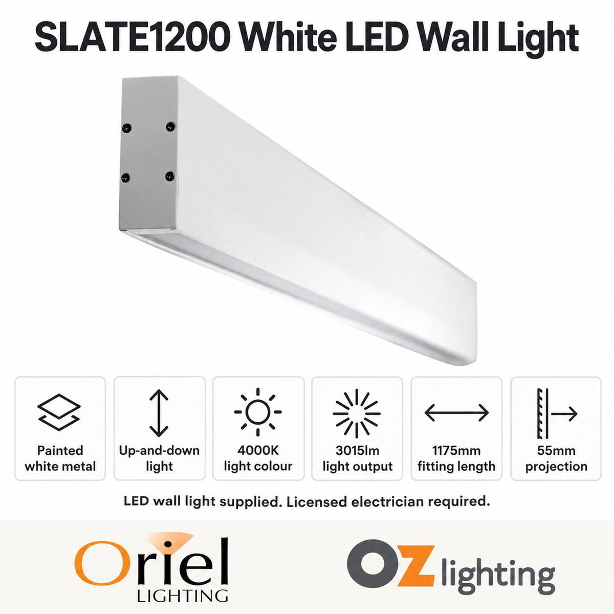 Oriel SLATE LED Wall Light - 58W 1200mm Up/Down Interior, 4000K-Oriel Lighting-Ozlighting.com.au