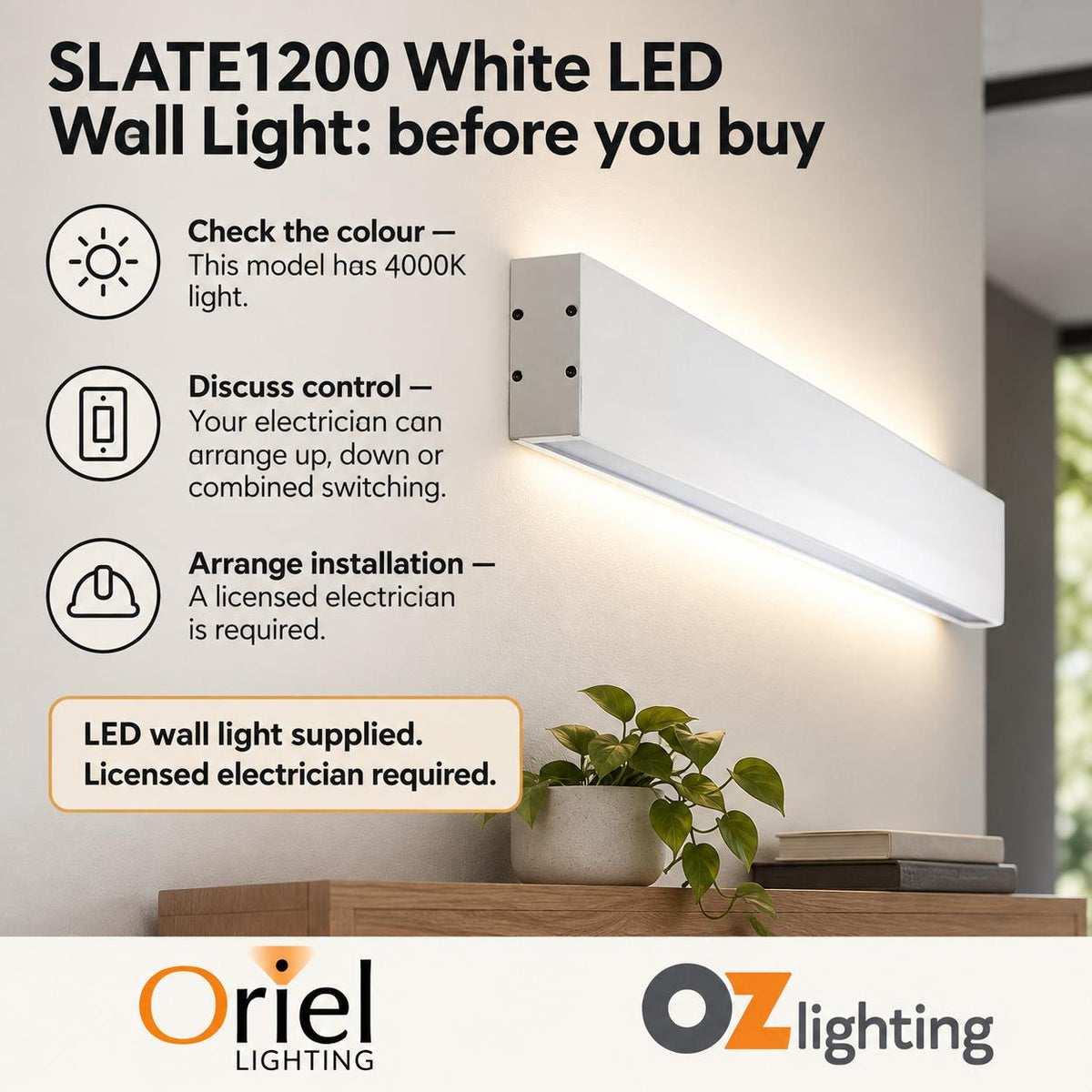 Oriel SLATE LED Wall Light - 58W 1200mm Up/Down Interior, 4000K-Oriel Lighting-Ozlighting.com.au