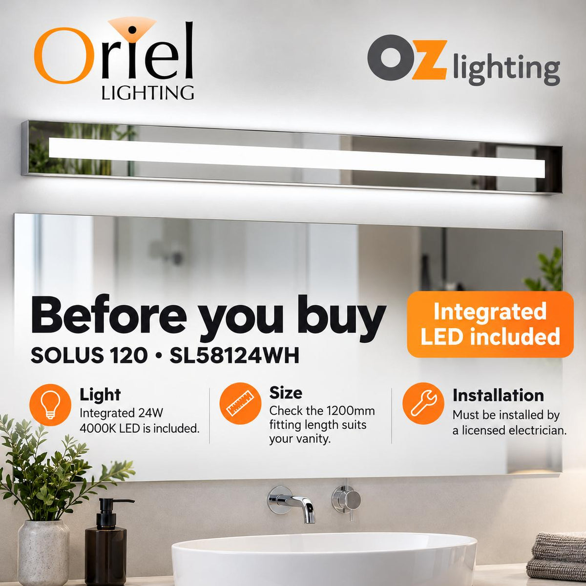 Oriel SOLUS LED Vanity Wall Light - 120cm Mirrored, IP44-Oriel Lighting-Ozlighting.com.au