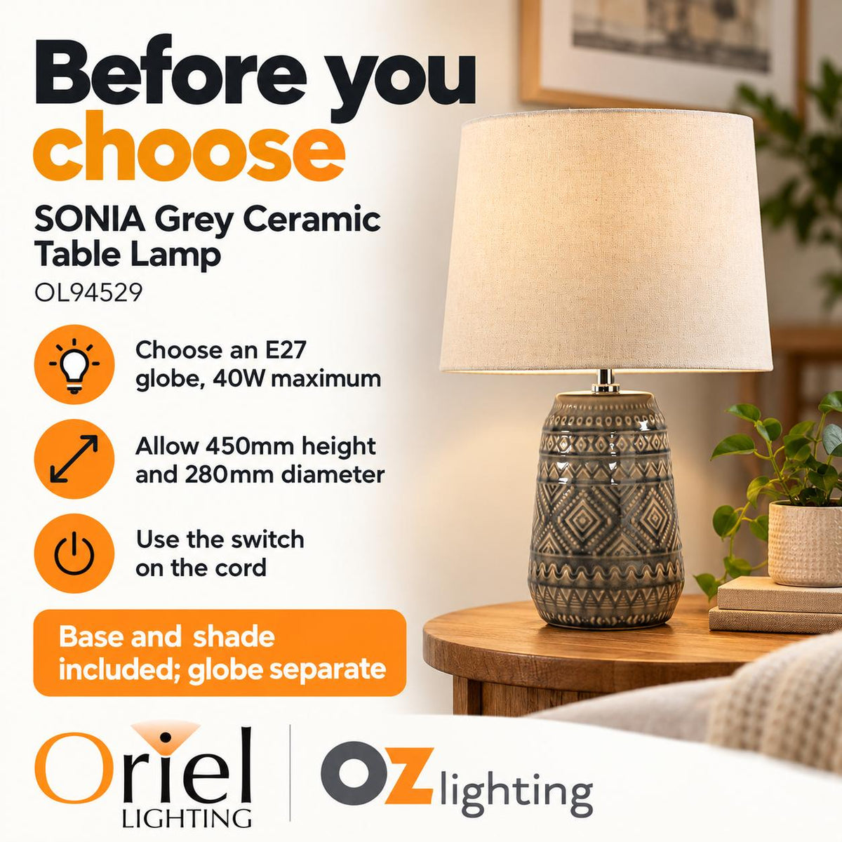 Oriel SONIA Table Lamp - Ceramic — practical choosing, inclusion and care advice