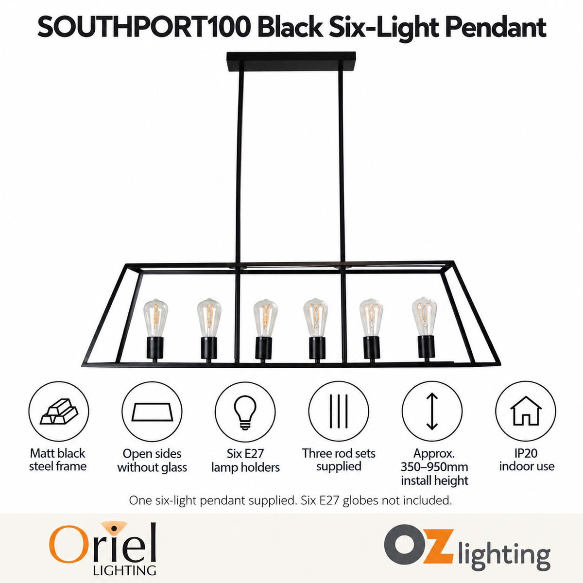 Oriel SOUTHPORT.100 Pendant - 6 Light Urban Retro, No Glass-Oriel Lighting-Ozlighting.com.au