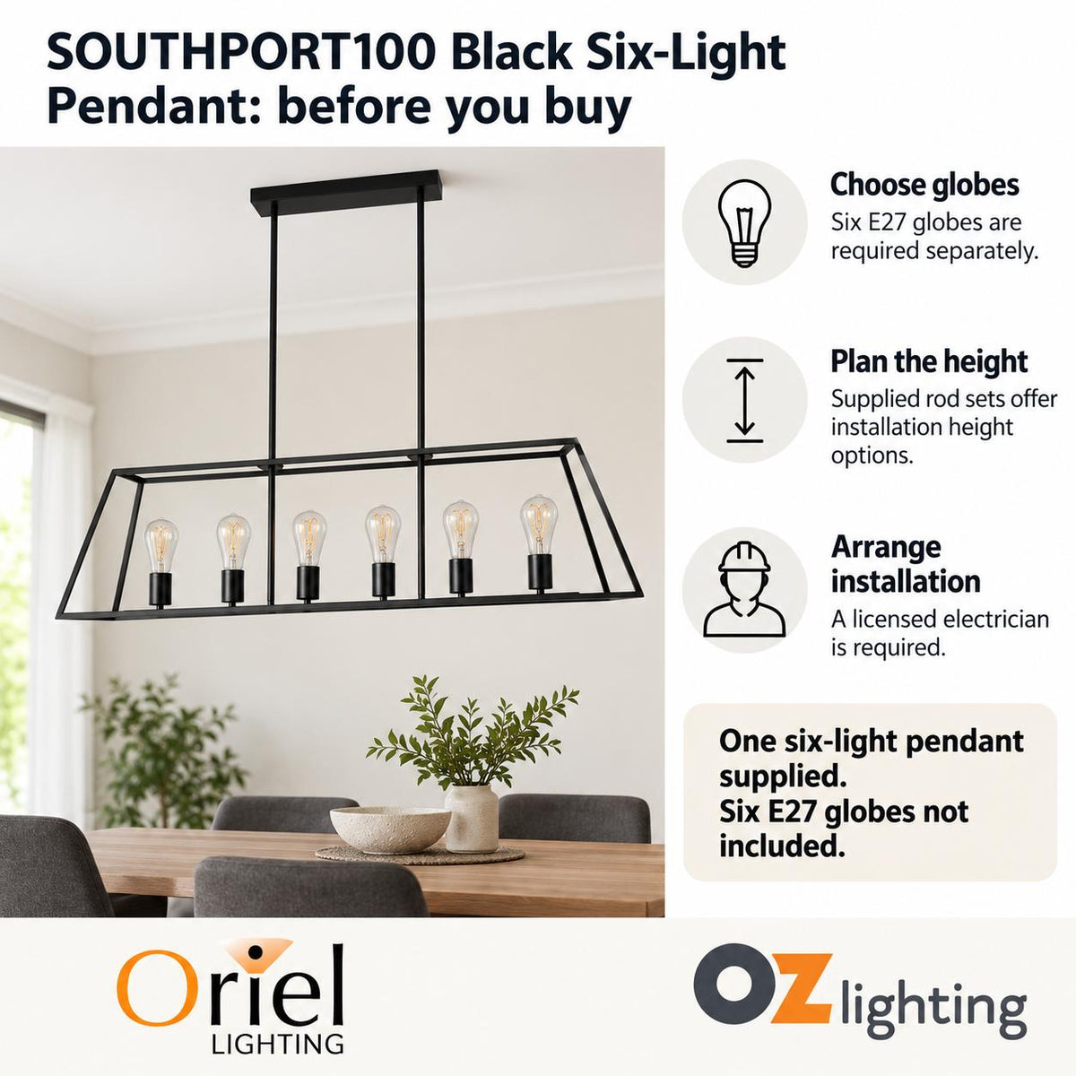 Oriel SOUTHPORT.100 Pendant - 6 Light Urban Retro, No Glass-Oriel Lighting-Ozlighting.com.au