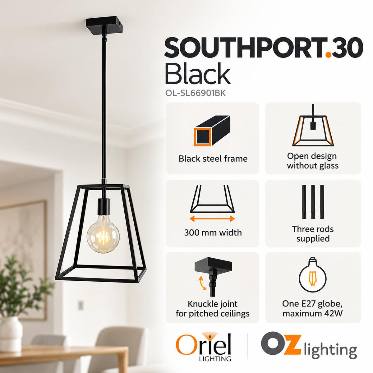 Oriel SOUTHPORT.30 Pendant - 1 Light Urban Retro-Oriel Lighting-Ozlighting.com.au