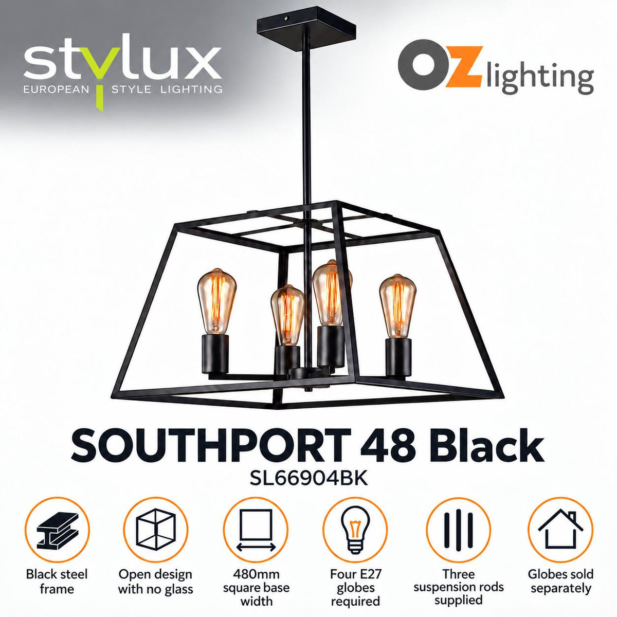 Oriel SOUTHPORT.48 Pendant - 4 Light Urban Retro, Black-Oriel Lighting-Ozlighting.com.au
