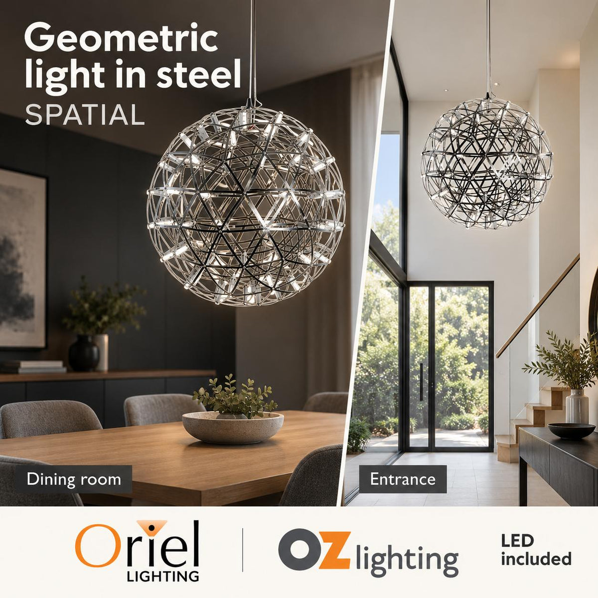 Oriel SPATIAL LED Pendant - Geometric Metal — Two alternative uses; LED included — Ozlighting