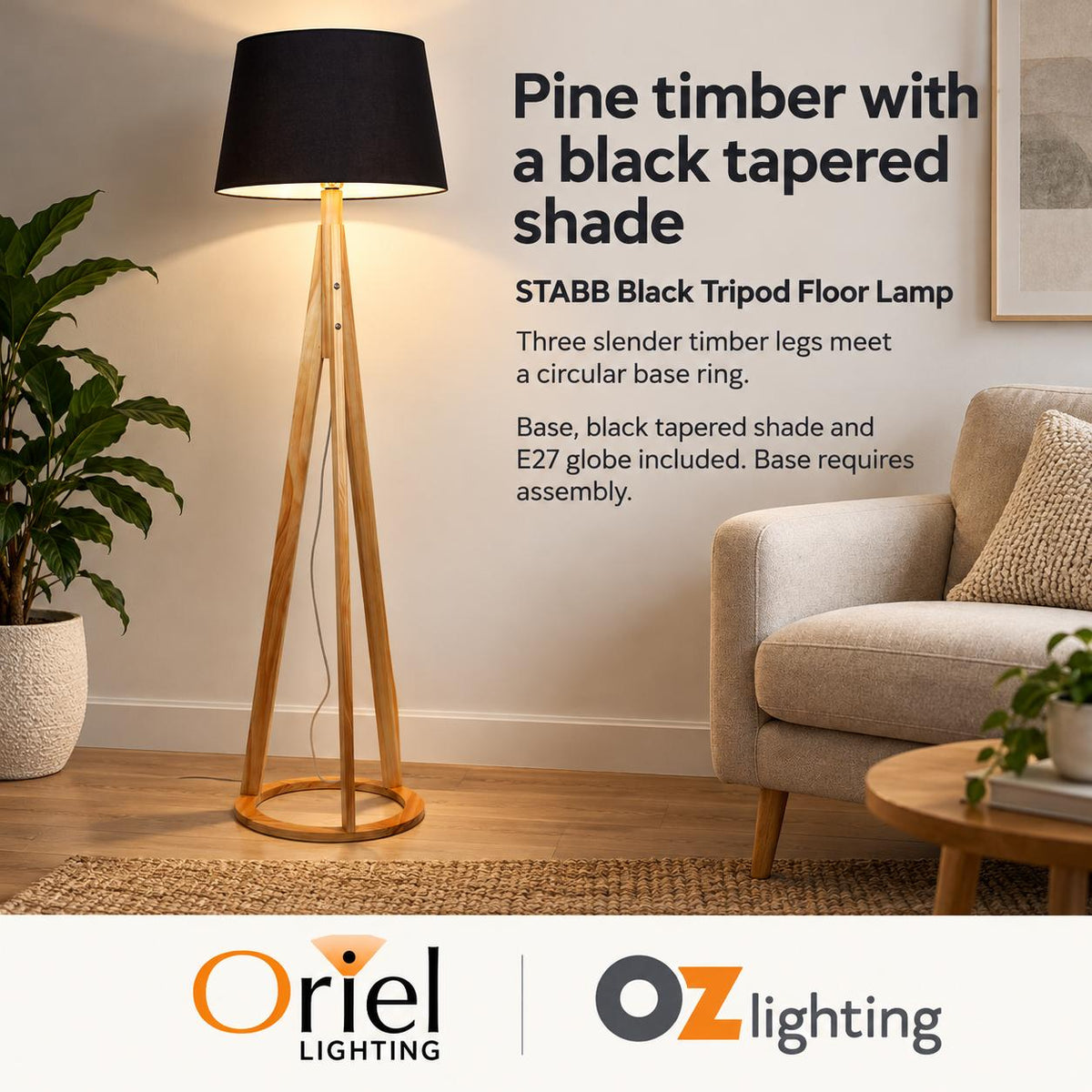 Oriel STABB Tripod Floor Lamp - with Shade-Oriel Lighting-Ozlighting.com.au