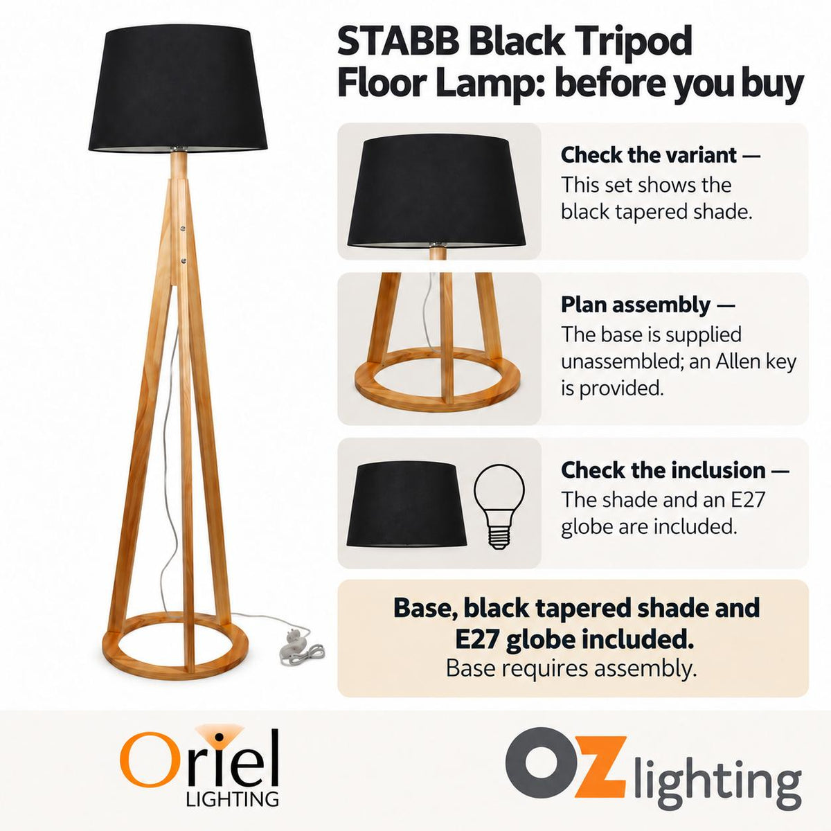 Oriel STABB Tripod Floor Lamp - with Shade-Oriel Lighting-Ozlighting.com.au