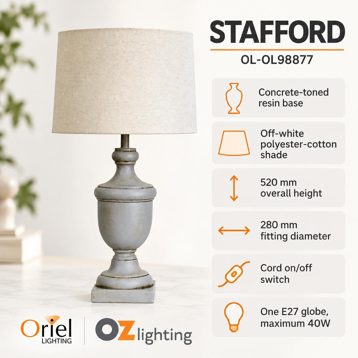 Oriel STAFFORD Table Lamp - 52cm Concrete-Toned Resin-Oriel Lighting-Ozlighting.com.au