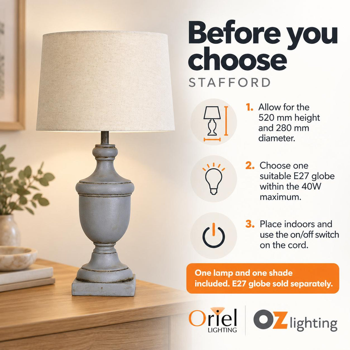 Oriel STAFFORD Table Lamp - 52cm Concrete-Toned Resin-Oriel Lighting-Ozlighting.com.au