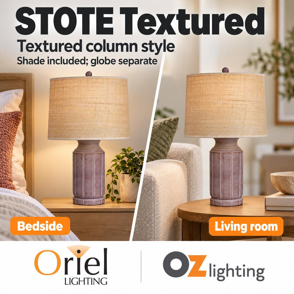 Oriel STOTE Table Lamp - 54cm Resin, with Brown Raffia Shade — two alternative verified product applications; Shade included; globe separate