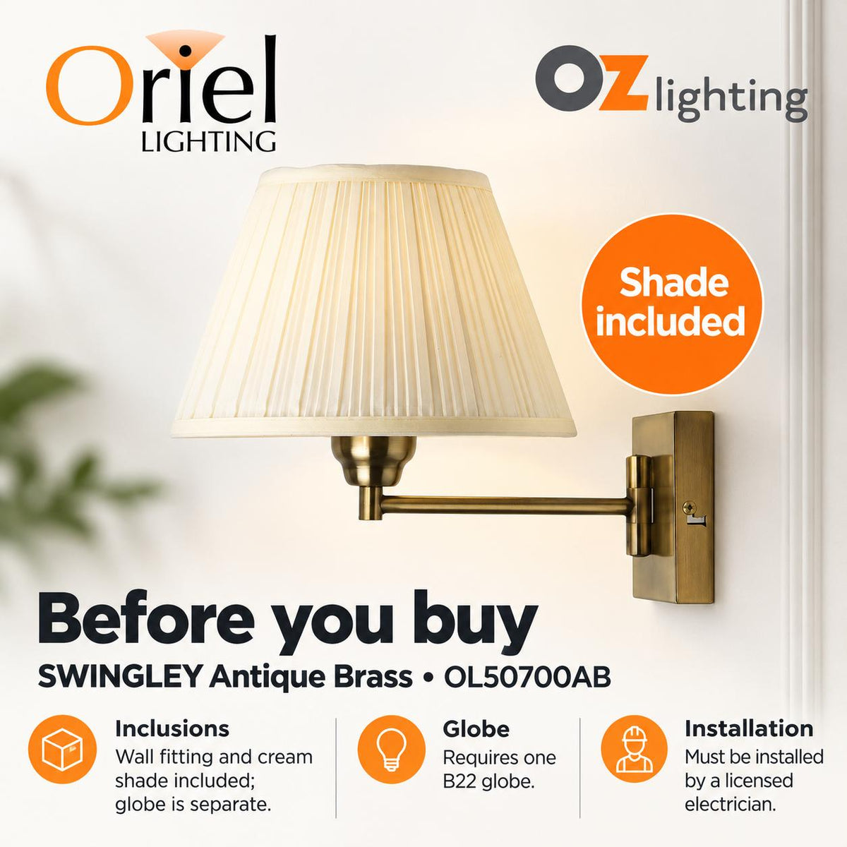 Oriel SWINGLEY Wall Light - 1 Light Traditional Swing Arm-Oriel Lighting-Ozlighting.com.au