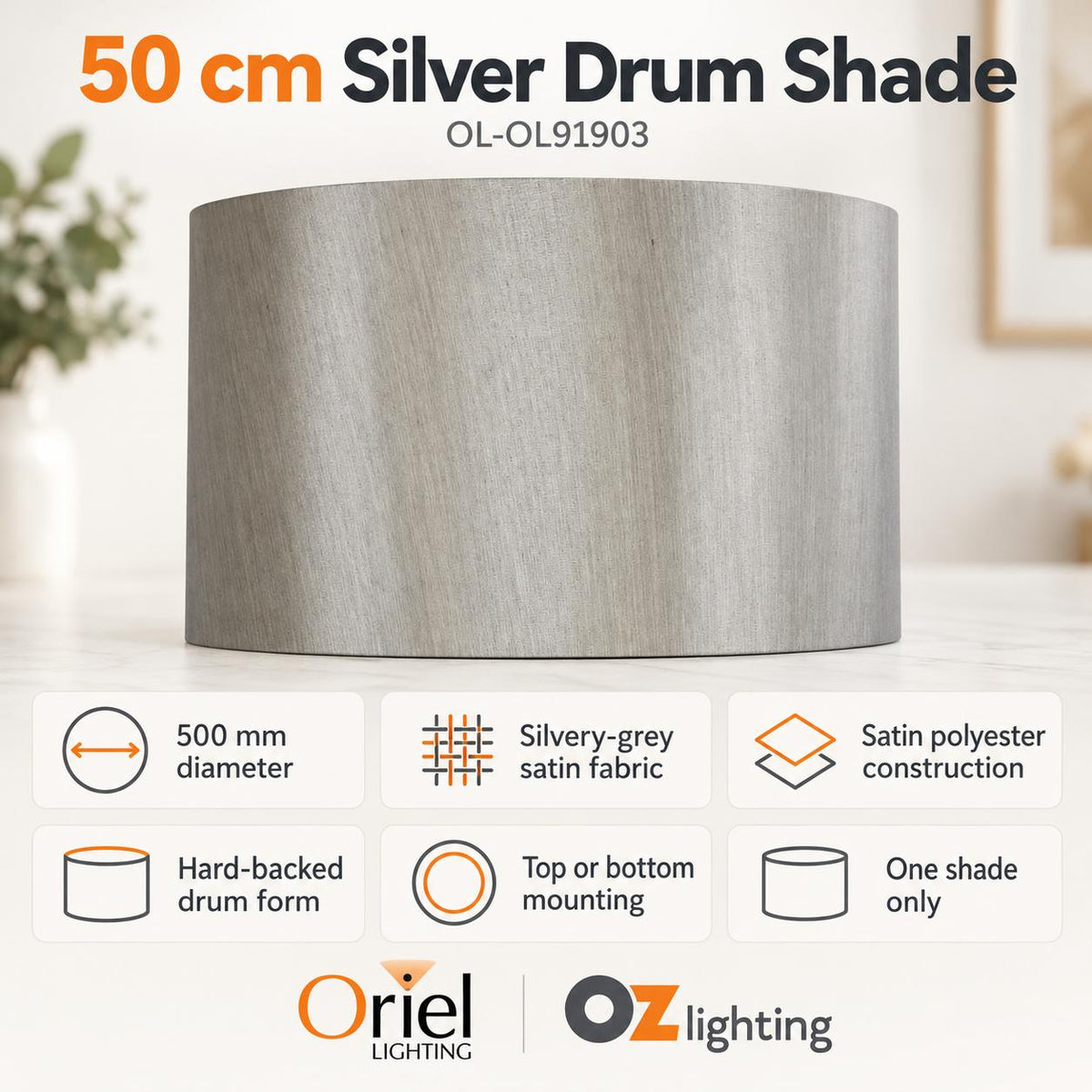 Oriel Shade - 50cm Drum Satin, Silver-Oriel Lighting-Ozlighting.com.au