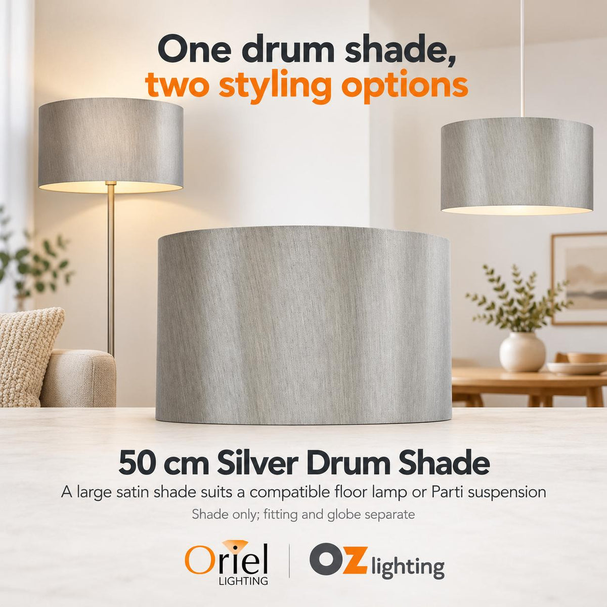 Oriel Shade - 50cm Drum Satin, Silver-Oriel Lighting-Ozlighting.com.au