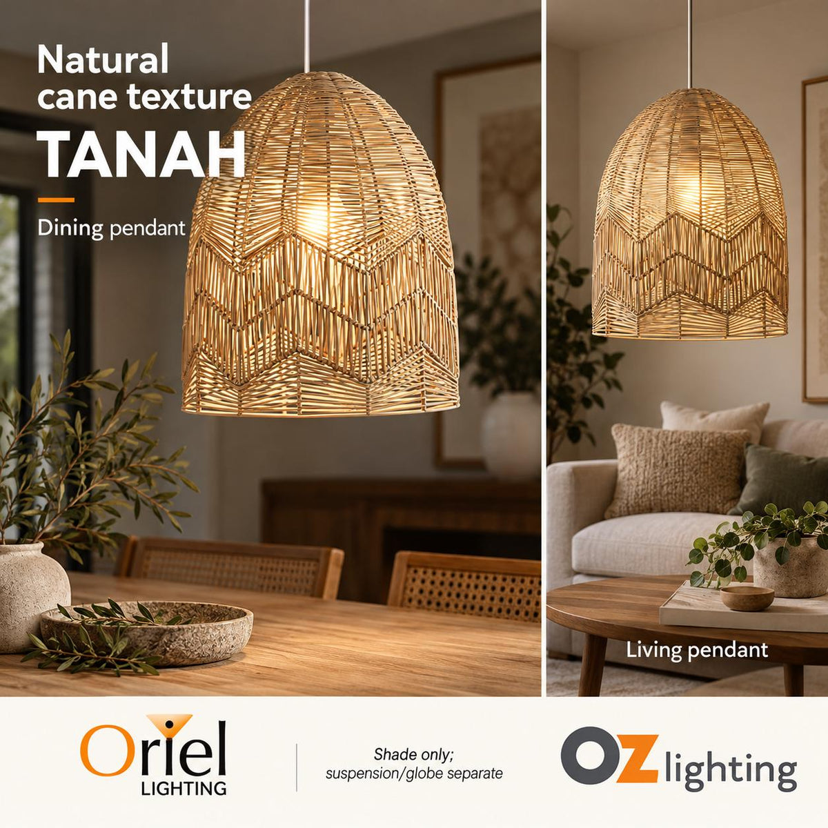 Oriel TANAH Pendant Shade Only - 1 Light Rattan Cane, SUSPENSION REQUIRED-Oriel Lighting-Ozlighting.com.au