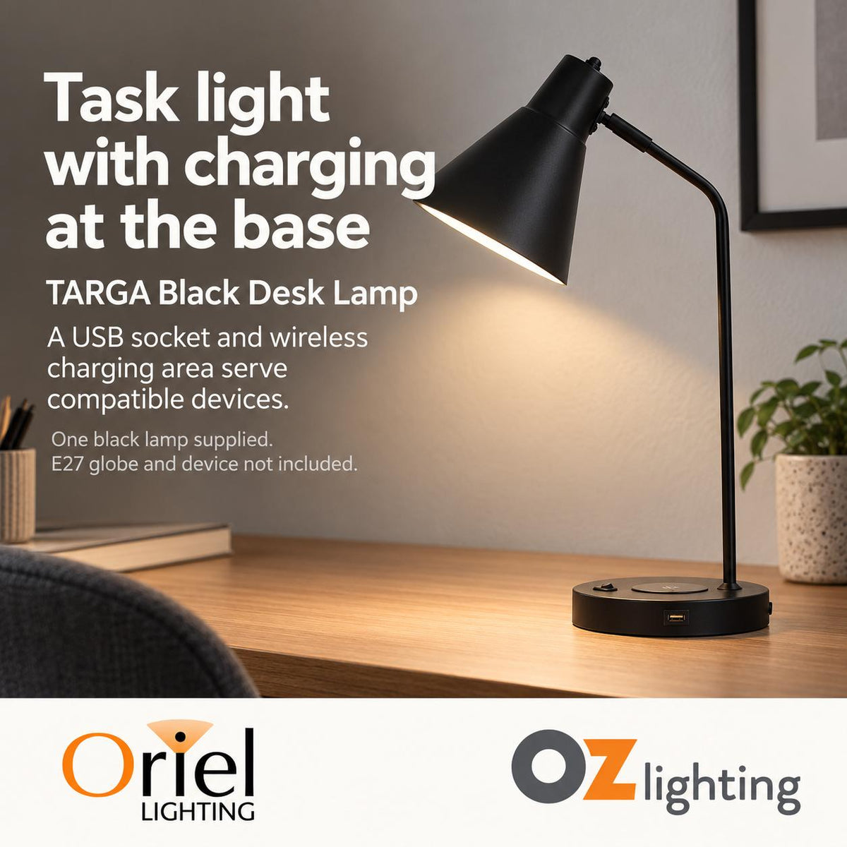 Oriel TARGA Desk & Table Lamp - with USB Socket and Wireless Charging-Oriel Lighting-Ozlighting.com.au