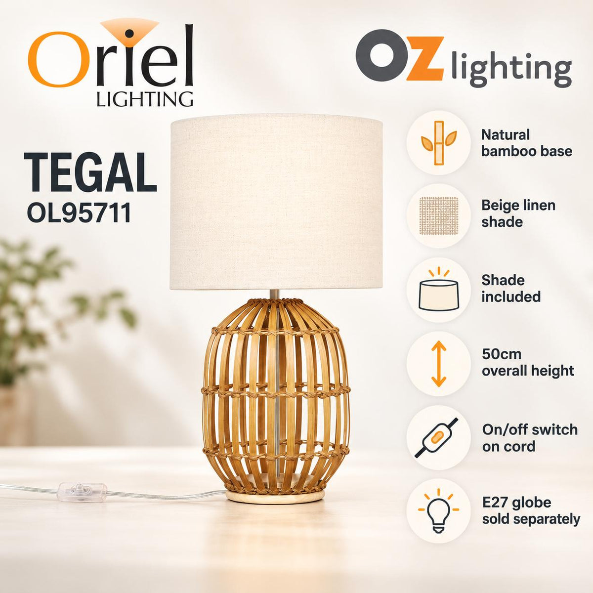 Oriel TEGAL Table Lamp - Bamboo, with Beige Linen Shade-Oriel Lighting-Ozlighting.com.au