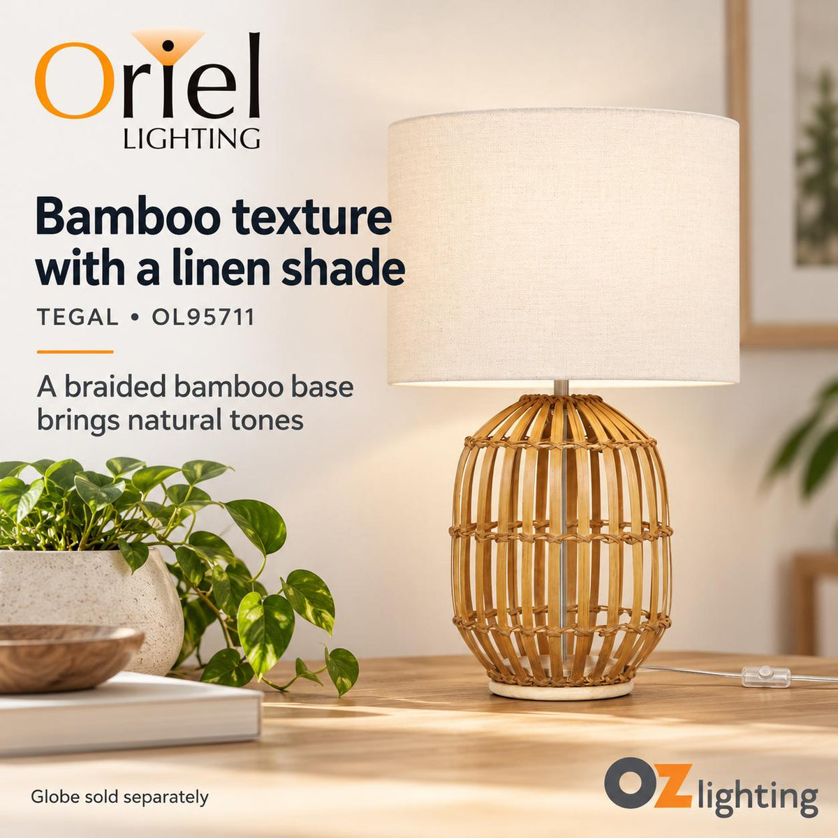 Oriel TEGAL Table Lamp - Bamboo, with Beige Linen Shade-Oriel Lighting-Ozlighting.com.au