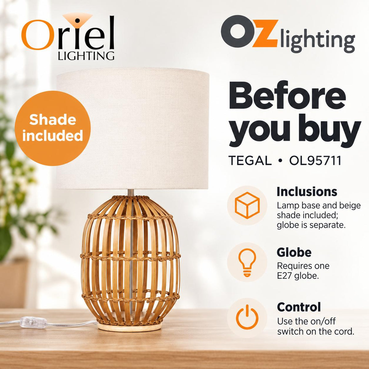 Oriel TEGAL Table Lamp - Bamboo, with Beige Linen Shade-Oriel Lighting-Ozlighting.com.au