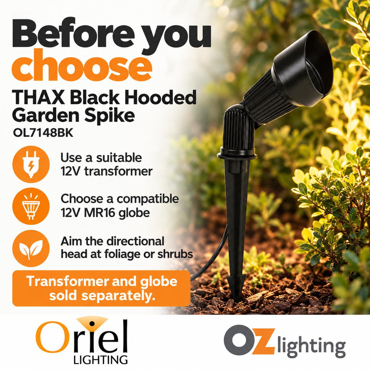 Oriel THAX Outdoor Spike Light - 12V Garden Hooded, IP54 - DRIVER REQUIRED-Oriel Lighting-Ozlighting.com.au