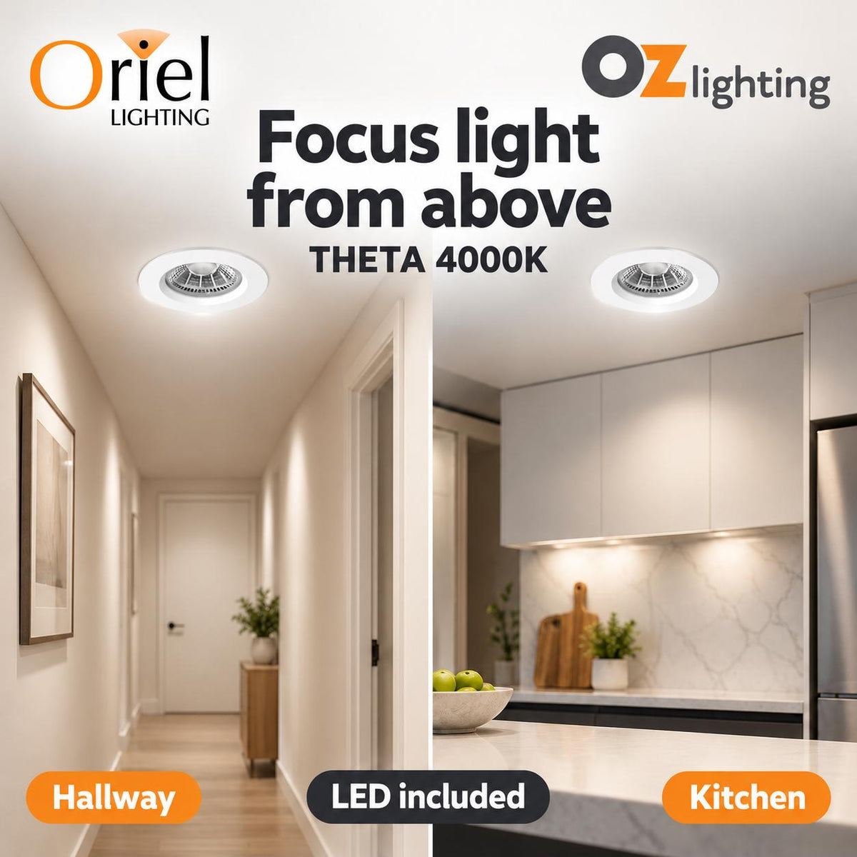 Oriel THETA Recessed LED Downlight - 13W, IP44, 4000K — two alternative verified product applications; LED included