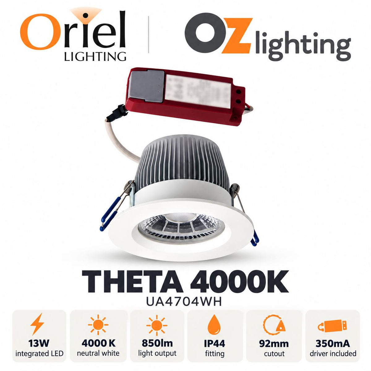 Oriel THETA Recessed LED Downlight - 13W, IP44, 4000K — verified product details