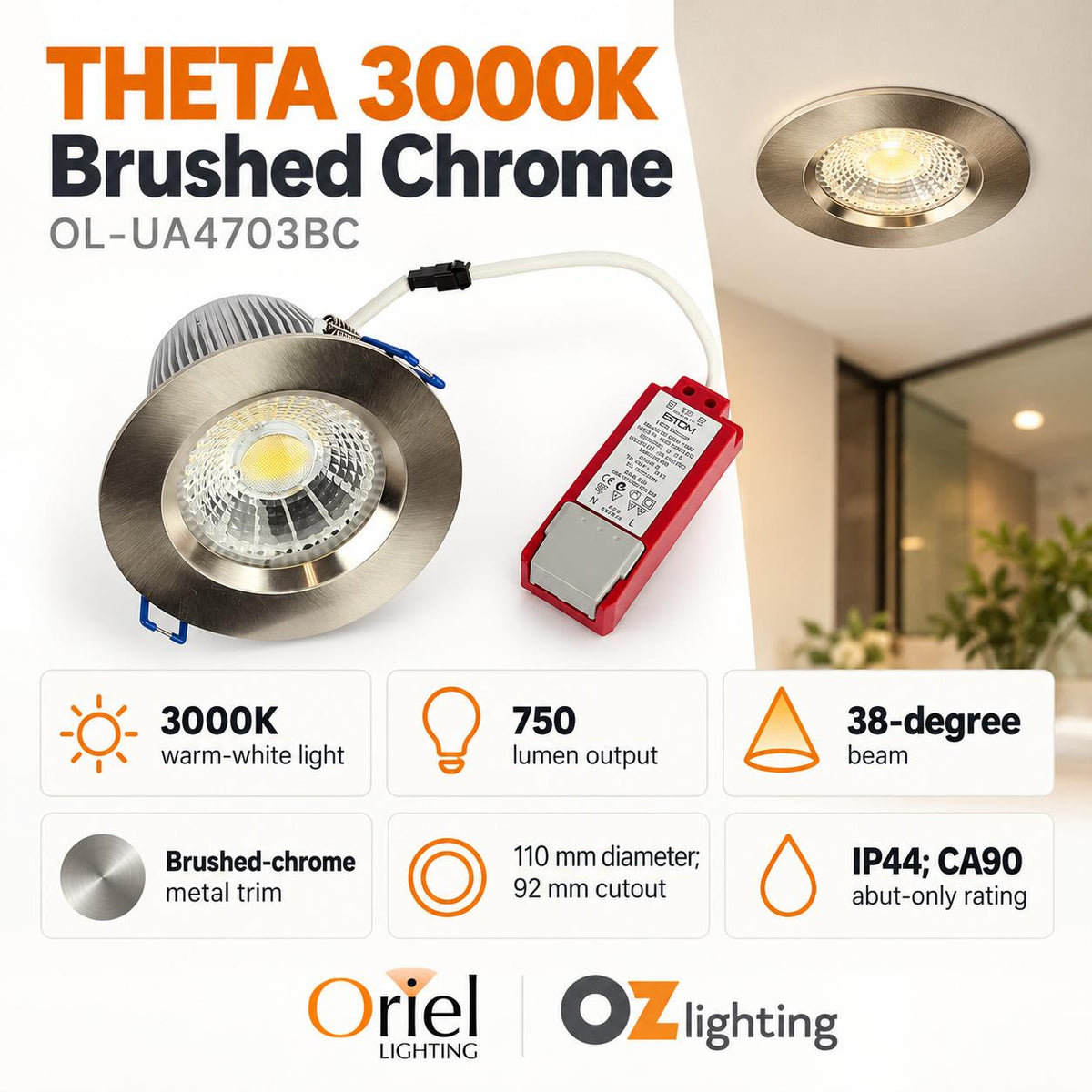 Oriel THETA Recessed LED Downlight - 13W, IP44-Oriel Lighting-Ozlighting.com.au