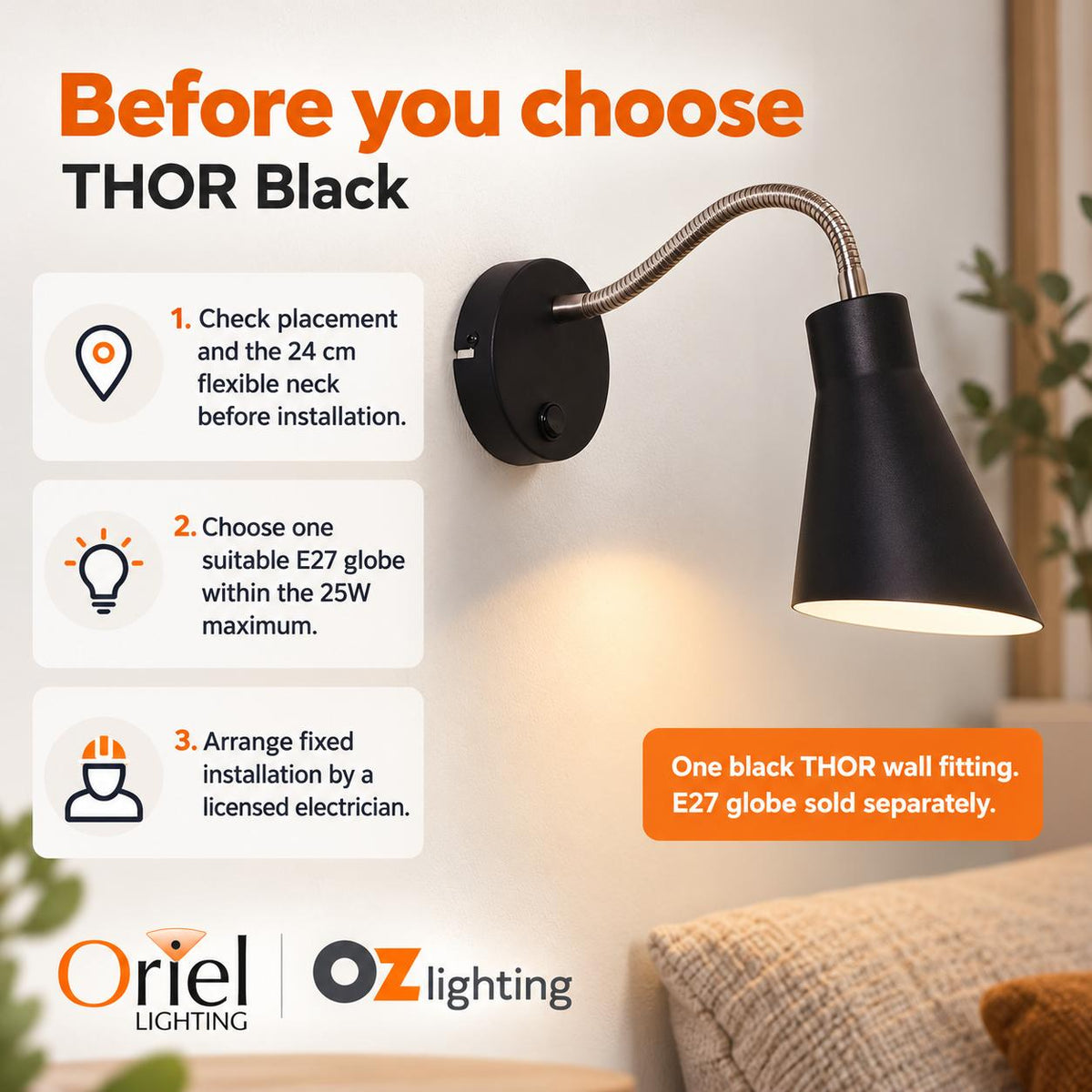 Oriel THOR Wall Light - 25W, Switched Flexible-Oriel Lighting-Ozlighting.com.au