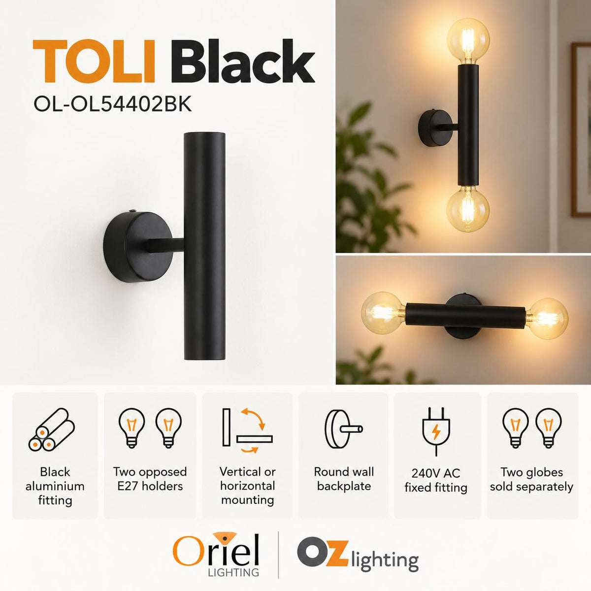 Oriel TOLI Wall Light - Max. 60W, Twin-Oriel Lighting-Ozlighting.com.au