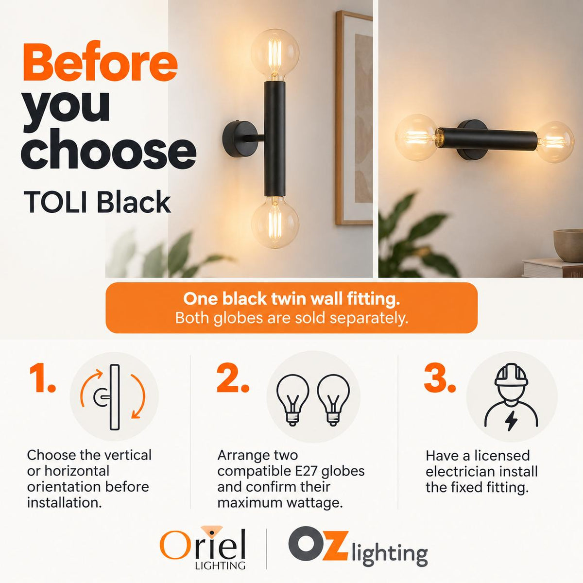 Oriel TOLI Wall Light - Max. 60W, Twin-Oriel Lighting-Ozlighting.com.au