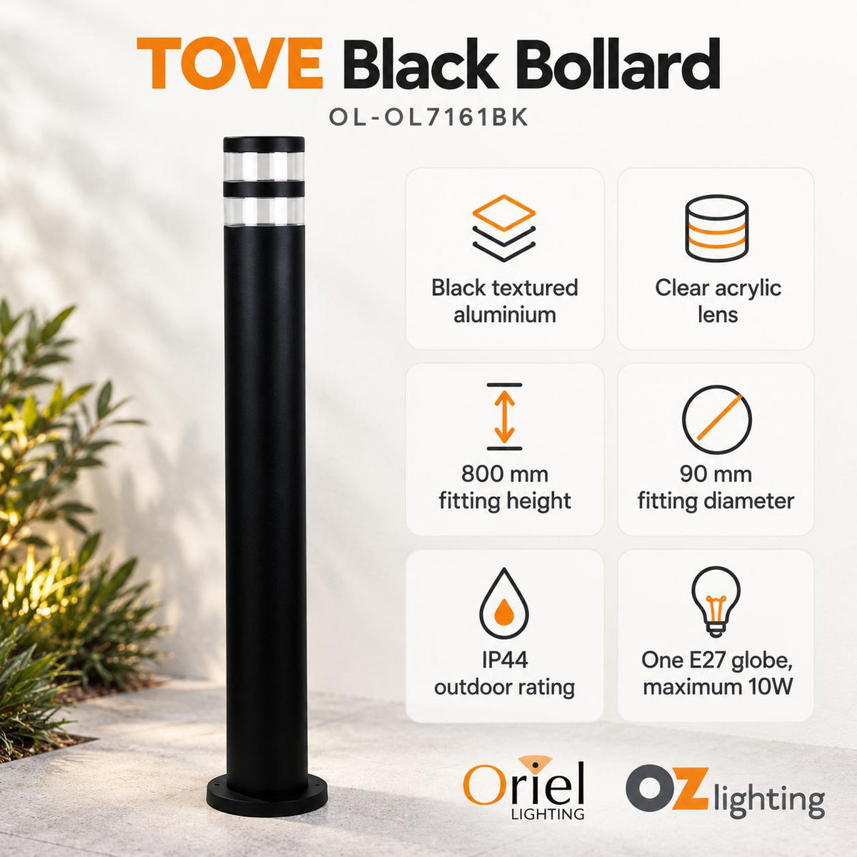 Oriel TOVE Outdoor Bollard Light - Aluminium Garden, IP44-Oriel Lighting-Ozlighting.com.au