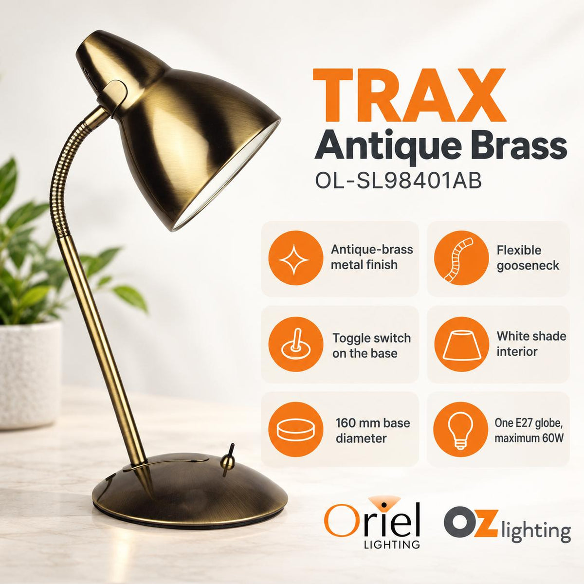 Oriel TRAX Desk & Table Lamp - Classic Gooseneck Metal Task-Oriel Lighting-Ozlighting.com.au