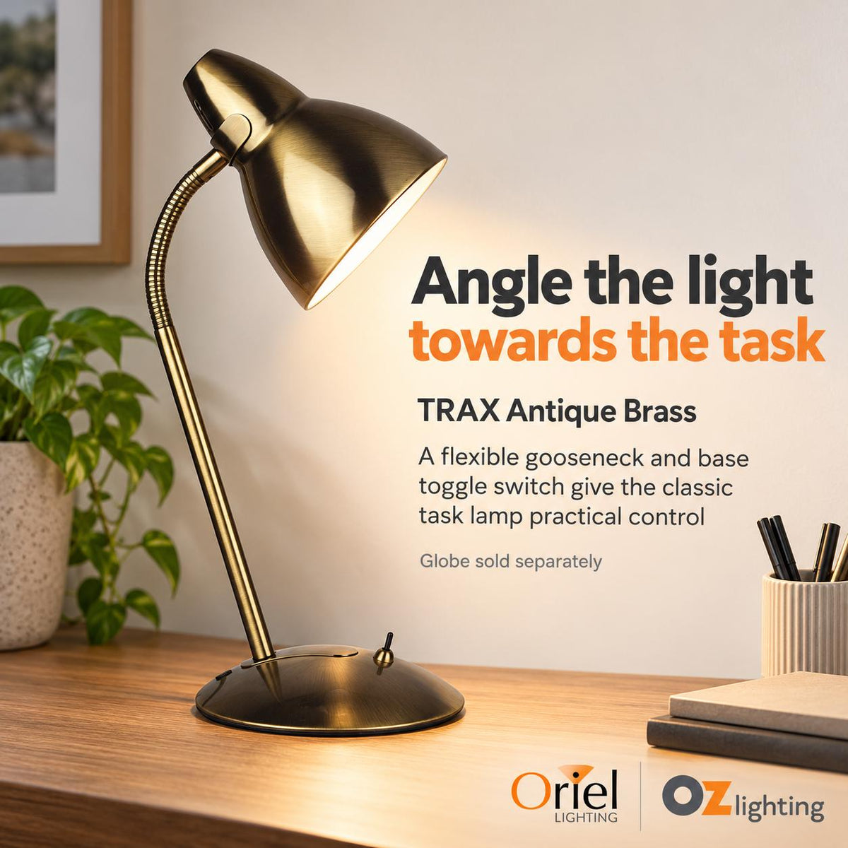 Oriel TRAX Desk & Table Lamp - Classic Gooseneck Metal Task-Oriel Lighting-Ozlighting.com.au