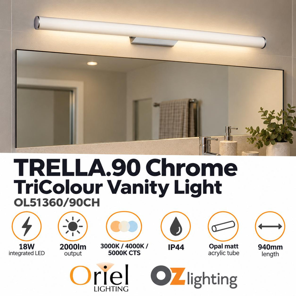 Oriel TRELLA.90 Vanity Wall Light - 18W-Oriel Lighting-Ozlighting.com.au