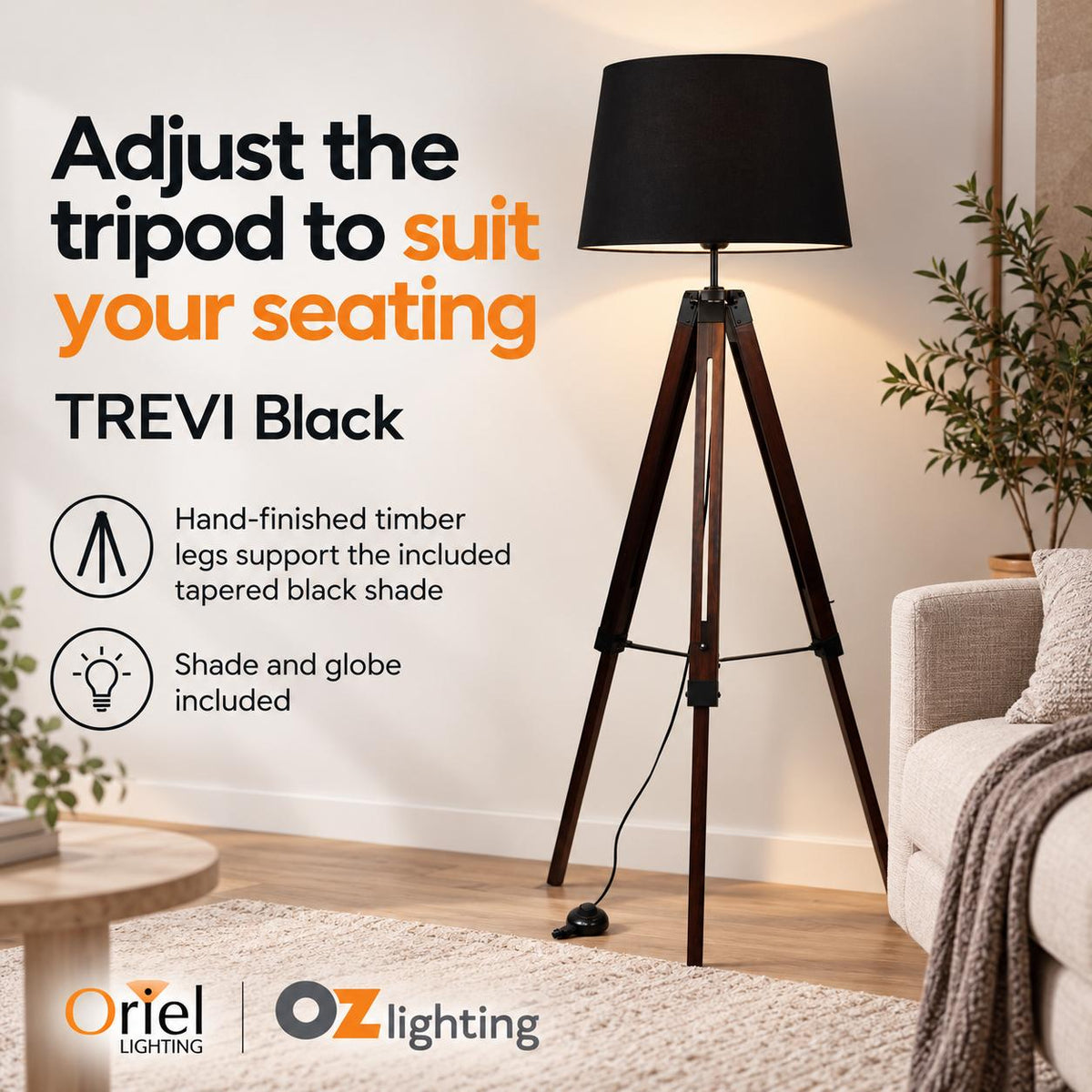 Oriel TREVI Floor Lamp - Max. 60W, Tripod Wooden-Oriel Lighting-Ozlighting.com.au