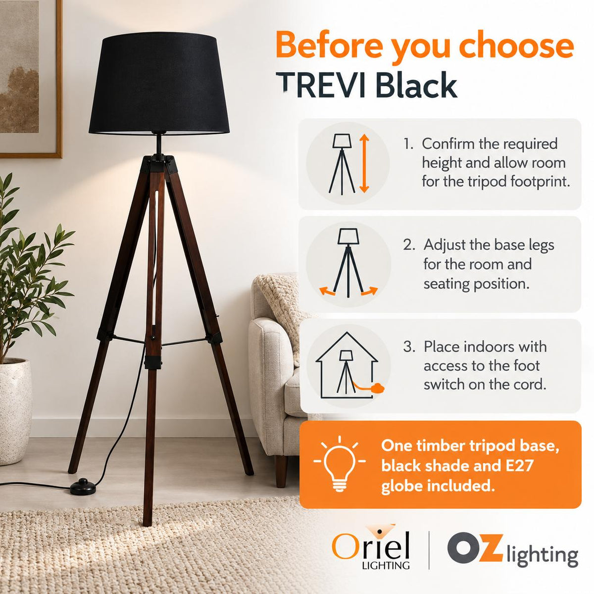 Oriel TREVI Floor Lamp - Max. 60W, Tripod Wooden-Oriel Lighting-Ozlighting.com.au