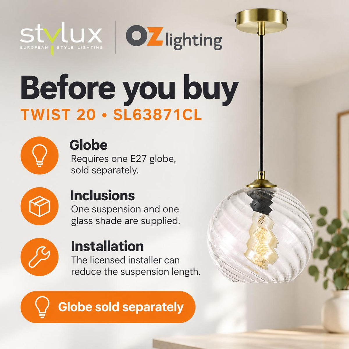 Oriel TWIST.20 Pendant - 1 Light Single Clear Glass — practical choosing, inclusion and care advice